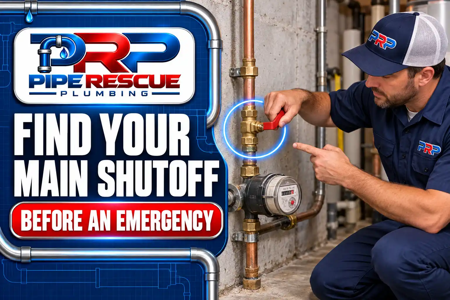 Plumber finding the main water shutoff valve near the water meter in a New Jersey basement Plumber finding the main water shutoff valve near the water meter in a New Jersey basement