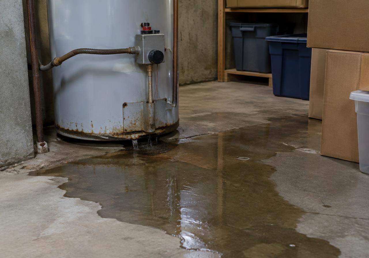 Water heater leaking onto a basement floor