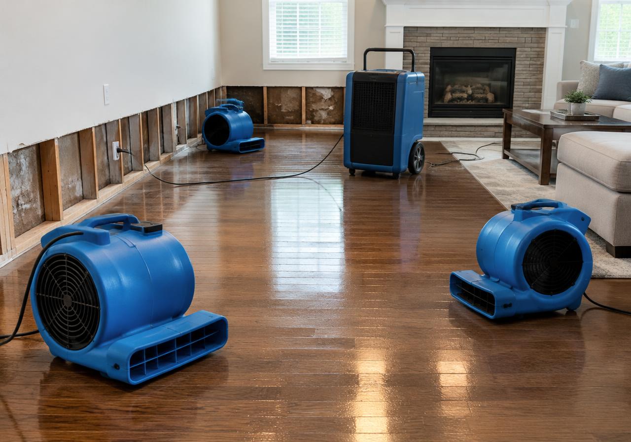 Drying equipment restoring a water-damaged room
